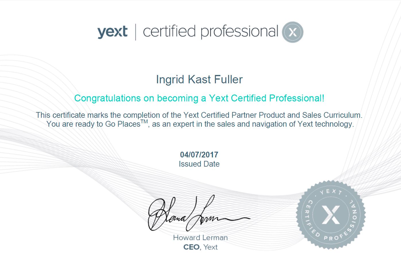 Ingrid Kast Fuller - Yext Certified Professional Certification